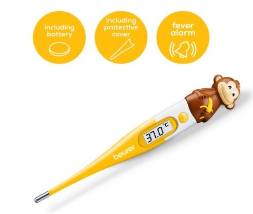 Термометър Beurer BY 11 Monkey clinical thermometer, Contact-measurement technology,temperature alarm as from 37.8 C°, Display in C° and F°,Flexible measuring tip;Protective cap; Waterproof tip and display