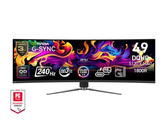 Монитор MSI MPG 491CQPX QD-OLED, 0.03ms, 240Hz, OLED, 5120 x 1440 (DQHD), 32:9, CURVE 1800R, G-Sync Compatible, HDR True Black 400, 450 nits, 99% DCI-P3, AR, DP(1.4a), 2xHDMI 2.1, 1xTypeC DP alt. w/PD (98W), USB Hub, Heigh Adj., VESA, Black, 10.6kg