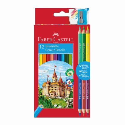 Цветни моливи Faber-Castell Castle Шестоъгълни, 12 + 6 цвята, подарък острилка