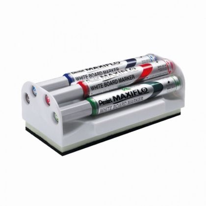 Комплект маркери за бяла дъска Pentel + гъбаОбъл връх 4.0 mm 4 цвята