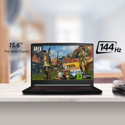 Лаптоп MSI Thin GF63 12UC, i5-12450H (8C/12T, 12 MB, up to 4.40 GHz), 15.6" FHD (1920x1080), 144Hz, IPS-Level, RTX 3050 4GB GDDR6 (Up to 1172.5MHz), 8GB DDR4 (3200MHz), 512GB NVMe PCIe SSD, Intel Wi-Fi 6, BT5.2, 3 cell, 52.4Whr, 2 Year, Red Backlit KBD, N