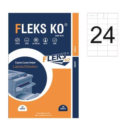 Етикети Fleks Ko Бели, прави ъгли, 70x37 mm A4, 100 л. 24 етик./лист