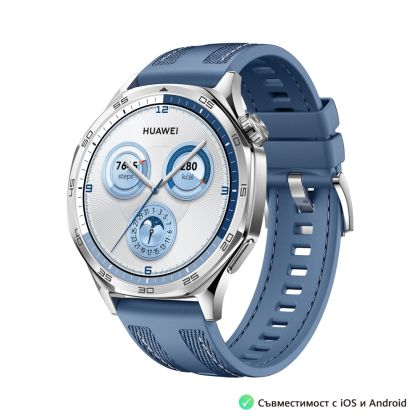 Часовник Huawei Watch GT5  Vili-B19W, 1.43", Amoled 466x466 PPI 326, BT5.2 BLE/BR/EDR, 5ATM, 524mAh, Screenshot sharing, support message input, message notifications, Battery life up to 14 days, Compatible with iOS and Android devices, Blue Woven