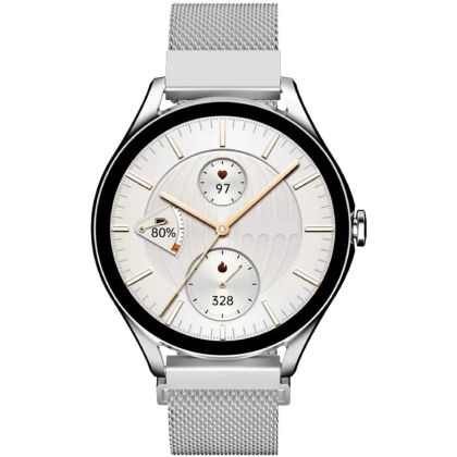 Часовник HiFuture Aura2 Silver, 1.32 "AMOLED, Powered by Dual Core, Metallic Frame, Bluetooth Call, 3D User Interface, 1ATM Waterproof, 24/7 True Heart Rate & Blood Oxygen Sensor, 100+ Sports Mode, Up to 7 days daily use, Extra Silicone Strap inbox