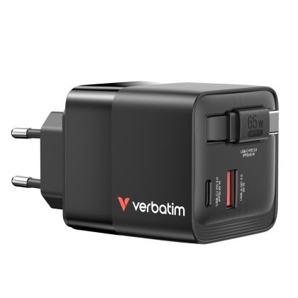 Зарядно устройство Verbatim Mini GaN Charger 65W 2 Port retractable cable display US plugs with EU and UK adaptors