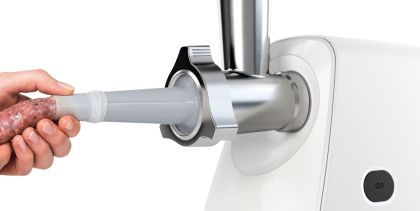 Месомелачка Bosch MFW2517W Meat mincer SmartPower; 350W - 1500W; Discs: 3.8/ 8 mm, Sausage attachment; Shredding nozzle, 3 tanks; Fruit pressing attachment; Out: 1.7kg/min; White 