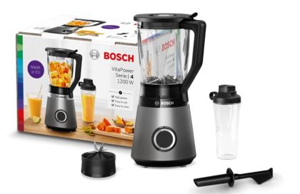 Блендер Bosch MMB6174S Series 4, VitaPower Blender, 1200 W, Glass ThermoSafe jug 1.5 l, Tritan ToGo bottle 0.6 l, Two speed settings and pulse function, ProEdge stainless steel blades made in Solingen, Silver