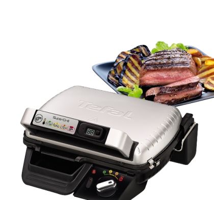 Барбекю Tefal GC451B12 Super Grill with timer, 600cm2 cooking surface, 2000W, 2 cooking positions (grill, BBQ), 3 settings + max, light indicator, digital timer, adjusted thermostat, vertical storage, non-stick die-cast alum. plates, removable plates