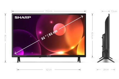 Телевизор Sharp 32FA2E, 32" LED HD 1366x768, 1 000 000:1, DVB-T/T2/C/S/S2, Active Motion 100, Speaker 2x8W, Dolby Digital, CI+, 3xHDMI, USB, Bluetooth, LAN, Video/Audio input (3 x RCA), Hotel Mode, 2 pole Stand 