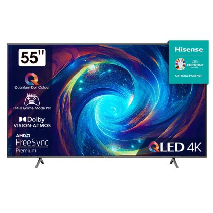 Телевизор Hisense 55" E7KQ Pro, 4K Ultra HD 3840x2160, QLED, Quantum Dot, 120Hz, HDR 10+ adaptive, HLG, Dolby Vision, DTS Virtual X, Smart TV, WiFi 5GHz, WiFi Direct, BT, Anyview Cast, 3xHDMI, 2xUSB, LAN, CI+, DVB-T2/C/S2, Black