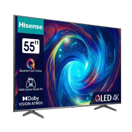 Телевизор Hisense 55" E7KQ Pro, 4K Ultra HD 3840x2160, QLED, Quantum Dot, 120Hz, HDR 10+ adaptive, HLG, Dolby Vision, DTS Virtual X, Smart TV, WiFi 5GHz, WiFi Direct, BT, Anyview Cast, 3xHDMI, 2xUSB, LAN, CI+, DVB-T2/C/S2, Black