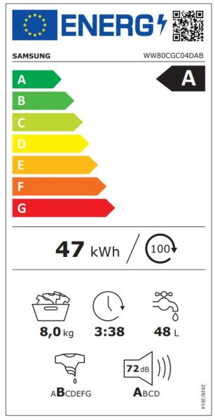Пералня Samsung WW80CGC04DABLE, Washing Machine, 8 kg, 1400 rpm,  Digital inverter motor, Energy Efficiency A, Spin Efficiency B, Eco Bubble, Bubble Soak, Hygiene Steam, WiFi , Smart Things, AI Energy mode, Black Inox