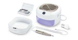Комплект за маникюр/педикюр Beurer MP 200 Manicure/pedicure station - 3 functions in one device: Nail cutter, UV/LED lamp and nail dust extractor; up to 26,000 rpm; 9 high-quality attachments; For artificial nail modelling
