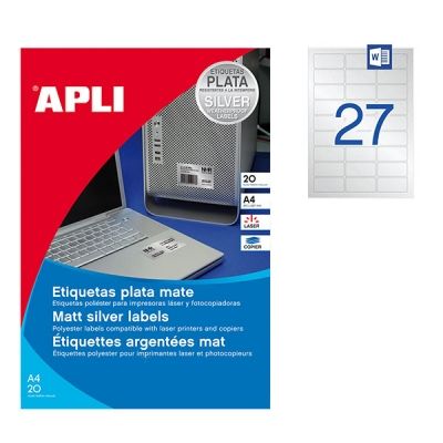 Етикети полиестерни APLI Сребристи, обли ъгли, 63.5x29.6 mm А4, 20 л. 27 етик./лист