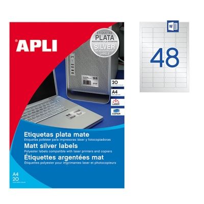 Етикети полиестерни APLI Сребристи, обли ъгли, 45.7х21.2 mm А4, 20 л. 48 етик./лист