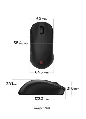 Мишка BenQ ZOWIE U2-DW 4K Wireless Mouse for Esports, Size M, 60g, up to 4000 Hz, up to 3200 DPI, Symmetrical design, Inward-curved both sides for agility during multi-angle movement, Wireless w/4K enhanced receiver, Driverless, plug and play