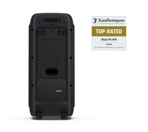 Тонколони Sharp Speakers PS-949, XPARTY STREET BEAT  2 x 8" woofers + horn tweeter, max power output 132 W, 12 h play time by built in battery, True wireless Stereo, USB Music playback and charging, DJ FX, BT 5.0, 2 x Mic/Guitar inputs, Splashproof (IPX4)