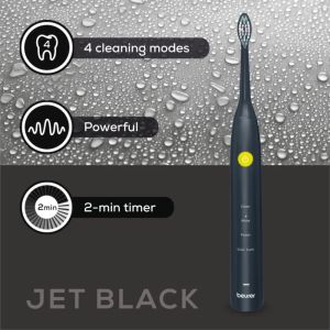 Електрическа четка за зъби Beurer SC 30 Jet Black, Electric Sonic Toothbrush, up to 80,000 mov/min, 4 cleaning programs: Clean, White, Polish, Gum Care, Int. 2-min. timer, Incl. 2 toothbrush heads and USB-C charging cable, 15 days of battery life
