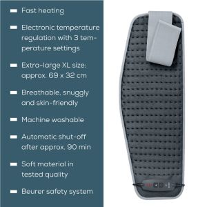 Термоподложка Beurer HK 60 Cosy Grey Abdominal & Back Heat Pad; 3 temperature settings; auto switch-off after 90 min; washable on 30°;Fast heating; Fleece fibre;BSS;69(L)x28(W) cm: Max waist 102sm