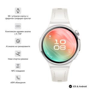 Часовник Huawei Watch 6, Leib-L19L, White, 42.3 mm, 1.38-inch LTPO OLED color screen, 2.4 GHz, BT5.0 and BR+BLE, 64 GB; RAM 2GB, 4G LTE FDD, IP68, IP69, 5ATM, 40-meter diving grade waterproof, NFC, Batt 3 days, 540 mAh + Huawei FreeBuds 7i Conch-T010 Whit