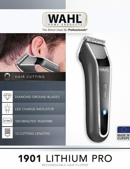 Машинка за подстригване Wahl 1901.0465, Lilthium Pro LCD 1901, Lithium Ion Clipper 8 attachment combs, scissors, and LED charge indicator