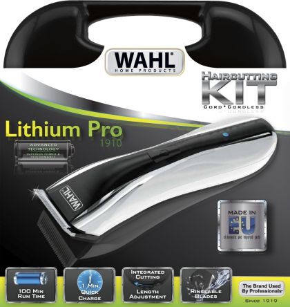 Машинка за подстригване Wahl 1910.0467, Lithium Pro LED, Lithium Ion Cordless Clipper, 6 attachment combs, scissors, handle case and LED charge indicator, Rinseable blade